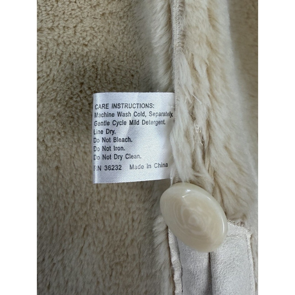 Vintage Gallery Women's Medium Faux Suede Shearling Fur Hooded Coat Cream Jacket - Picture 9 of 9